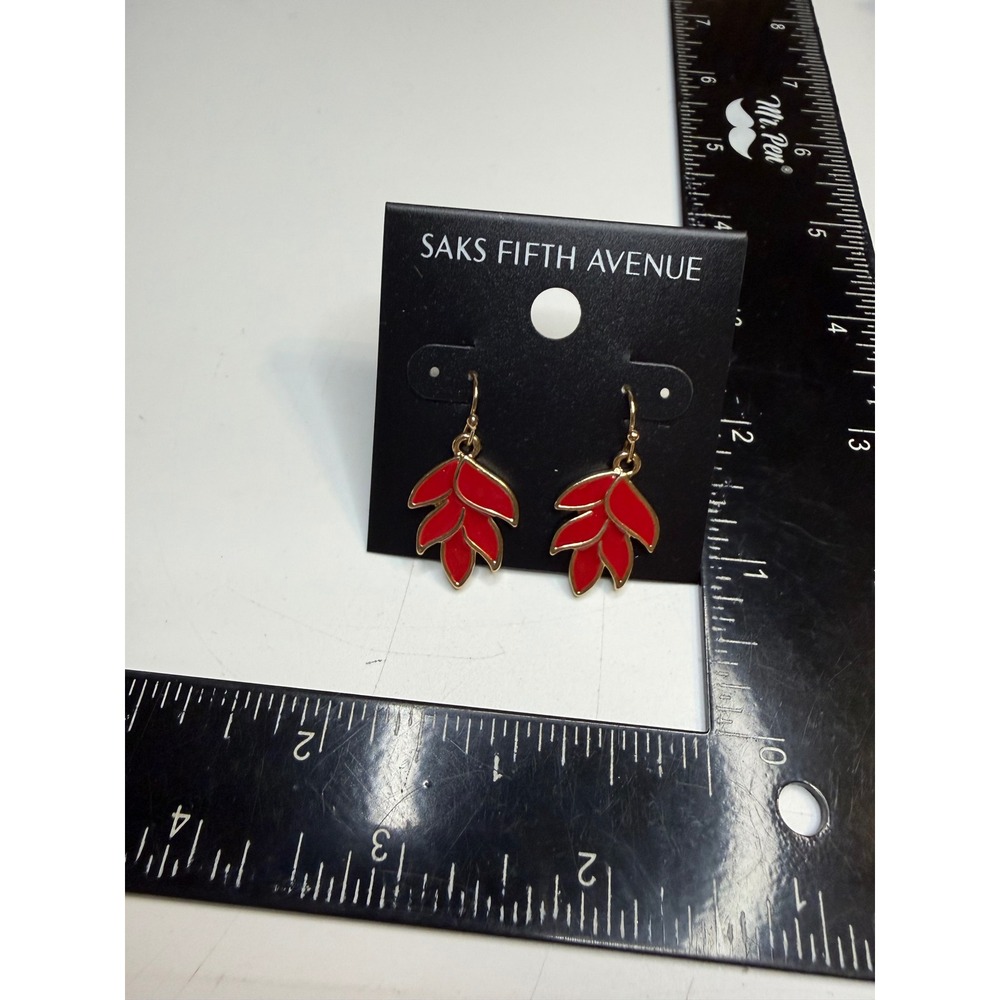 Saks Fifth Avenue Red Enamel Leaf Drop Earrings Gold Tone Botanical Dangle‎